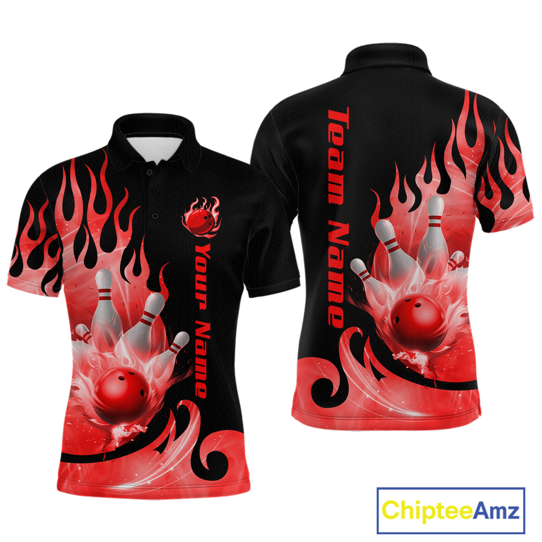 Red Flame Bowling Team Shirt for Men Bowling League Jersey Polo & 1/4 Zip Bowling Outfit QZT782