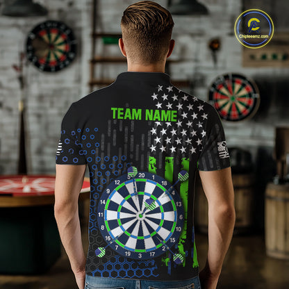 Back view of a male model wearing a custom black darts polo shirt featuring an green American flag design, a large dartboard graphic, and 'TEAM NAME' printed in green