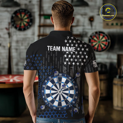 Back view of a male model wearing a custom black darts polo shirt featuring an American flag design, a large dartboard graphic, and 'TEAM NAME' printed in grey