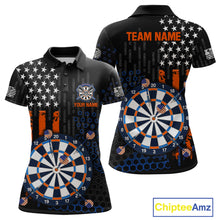 Load image into Gallery viewer, Custom darts polo shirt for women with American flag design and dartboard graphic, personalized team name and player name by ChipteeAmz