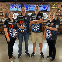 Load image into Gallery viewer, Group of four people in a sports bar wearing matching custom black darts team polo shirts featuring an American flag and dartboard design.