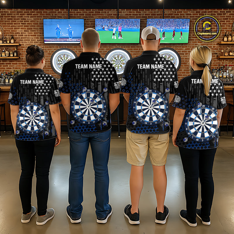 Back view of four people in a sports bar wearing matching custom darts team polo shirts with an grey American flag design, a dartboard graphic, and 'TEAM NAME' text.