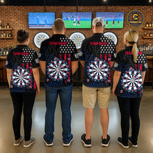 Load image into Gallery viewer, Back view of four people in a sports bar wearing matching custom darts team polo shirts with an American flag design, a dartboard graphic, and 'TEAM NAME' text.