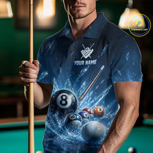 Load image into Gallery viewer, Front view of custom ice billiard polo shirt with 8 ball frozen pool design, billiard‑themed background