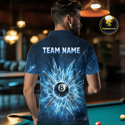 Back view of custom ice billiard polo shirt with 8 ball Frozen Pool design, billiard‑themed background