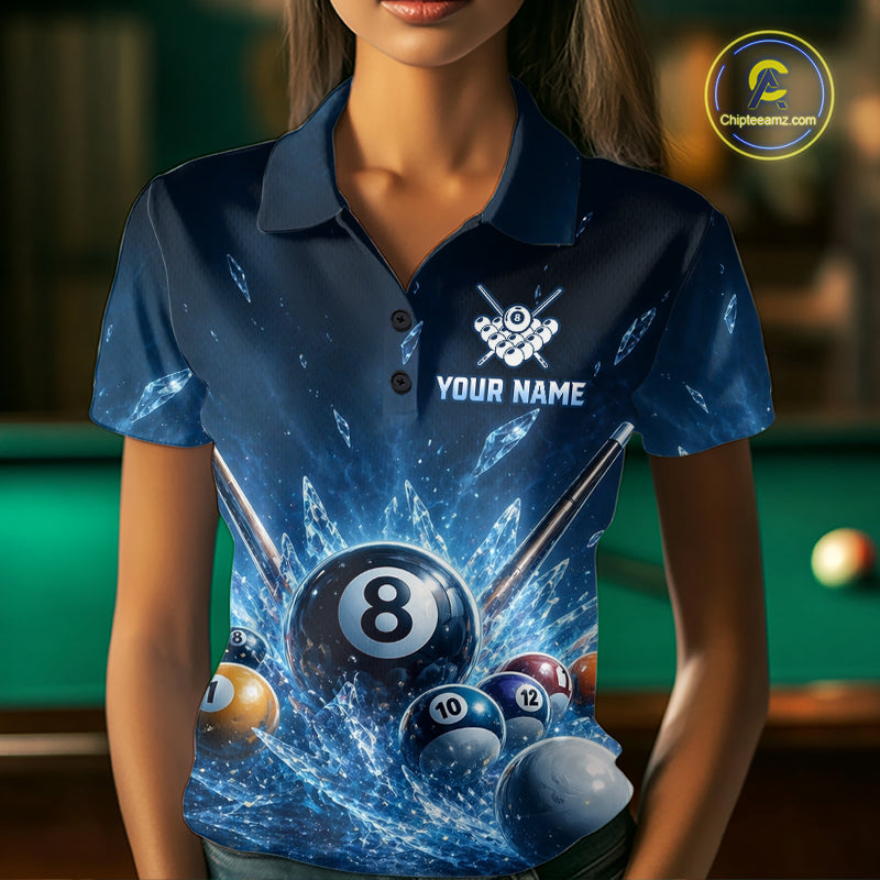 Front view of custom ice billiard polo shirt with 8 ball Frozen Pool design, billiard‑themed background