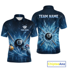 Load image into Gallery viewer, Front and back view of men’s custom ice billiard polo shirt, featuring 8 ball Frozen Pool design, personalized billiard jersey for men