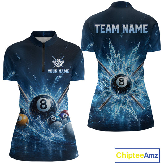Front and back view of women’s custom ice billiard quarter‑zip shirt with 8 ball frozen pool design