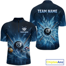 Load image into Gallery viewer, Front and back view of men’s custom ice billiard quarter‑zip shirt with 8 ball frozen pool design