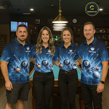 Load image into Gallery viewer, Back view of matching custom ice 8 ball billiard polo shirts worn by a team