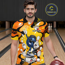 Load image into Gallery viewer, Man wearing a colorful bowling-themed shirt in a bowling alley.