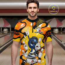 Load image into Gallery viewer, Man wearing a colorful bowling-themed shirt in a bowling alley.