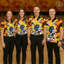 Load image into Gallery viewer, Four people wearing matching bowling shirts with a cartoon character on a bowling alley.