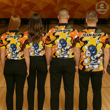 Load image into Gallery viewer, Four people wearing matching bowling shirts with a team name on a bowling alley.