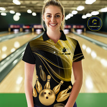 Load image into Gallery viewer, Woman wearing a custom bowling shirt with a bowling ball and pins design in a bowling alley.