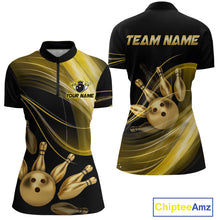 Load image into Gallery viewer, Bowling-themed shirt with gold and black design, featuring a bowling ball and pins, with 'Team Name' text on the back.