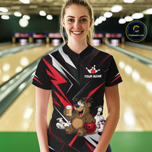 Load image into Gallery viewer, Person wearing a custom bowling shirt with a bear and bowling design in a bowling alley.