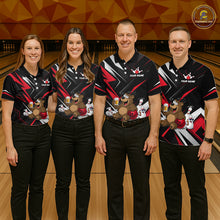 Load image into Gallery viewer, Four people wearing matching bowling shirts with a bear and beer design on a bowling alley.