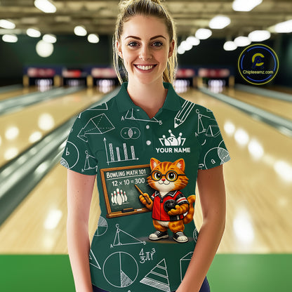 Funny Cat Bowling Math Shirt Personalized Polo & 1/4 Zip Shirt Bowling Team Jersey for Women QZT926