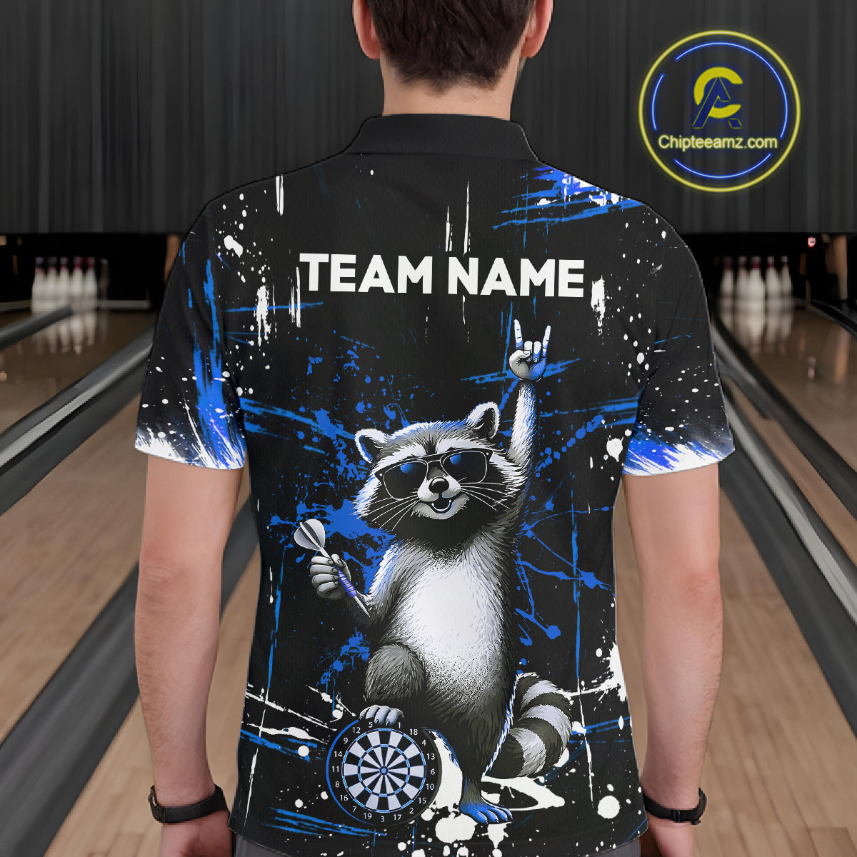 Custom Blue Funny Raccoon Dart Team Shirt for Men Dart Jersey Polo & /4-Zip Dartboard Shirt Outfit DHT29