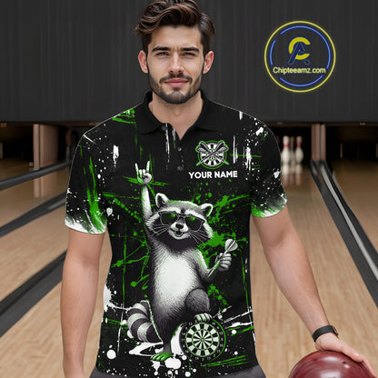 Custom Green Funny Raccoon Dart Team Shirt for Men Dart Jersey Polo & /4-Zip Dartboard Shirt Outfit DHT29