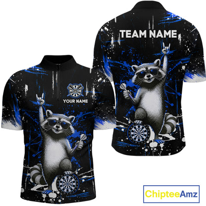 Custom Blue Funny Raccoon Dart Team Shirt for Men Dart Jersey Polo & /4-Zip Dartboard Shirt Outfit DHT29