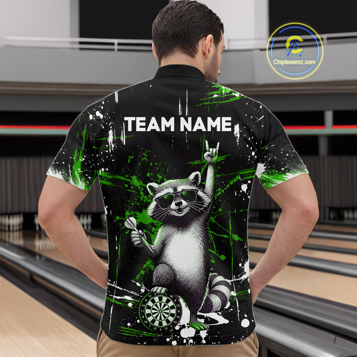 Custom Green Funny Raccoon Dart Team Shirt for Men Dart Jersey Polo & /4-Zip Dartboard Shirt Outfit DHT29