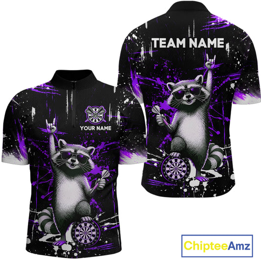 Custom Purple Funny Raccoon Dart Team Shirt for Men Dart Jersey Polo & /4-Zip Dartboard Shirt Outfit DHT29