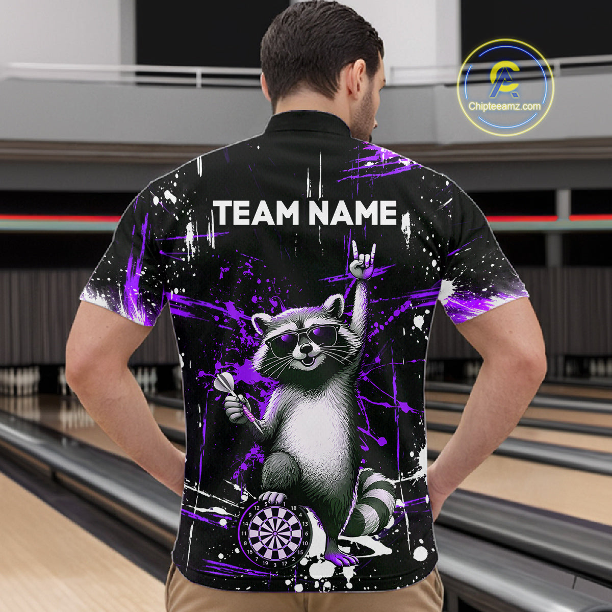 Custom Purple Funny Raccoon Dart Team Shirt for Men Dart Jersey Polo & /4-Zip Dartboard Shirt Outfit DHT29