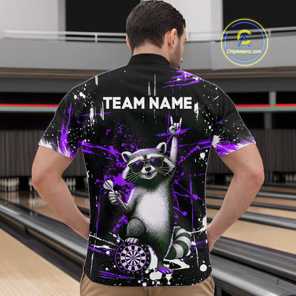 Custom Purple Funny Raccoon Dart Team Shirt for Men Dart Jersey Polo & /4-Zip Dartboard Shirt Outfit DHT29