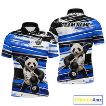 Load image into Gallery viewer, Polo shirt with panda design and customizable text on a blue and white striped background
