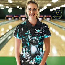 Load image into Gallery viewer, Custom Turquoise Funny Raccoon Bowling Shirt for Women Bowling Jersey Polo &amp; 1/4-Zip Bowling Outfit QZT892