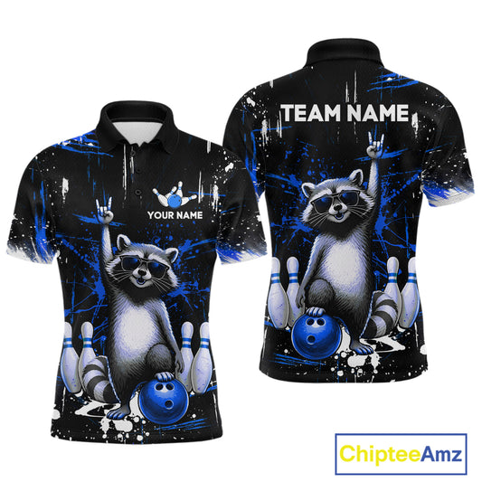 Custom Blue Funny Raccoon Bowling Shirt for Men Bowling Jersey Polo & 1/4-Zip Bowling Outfit QZT892