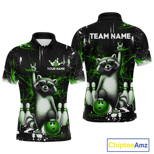 Custom Green Funny Raccoon Bowling Shirt for Men Bowling Jersey Polo & 1/4-Zip Bowling Outfit QZT892