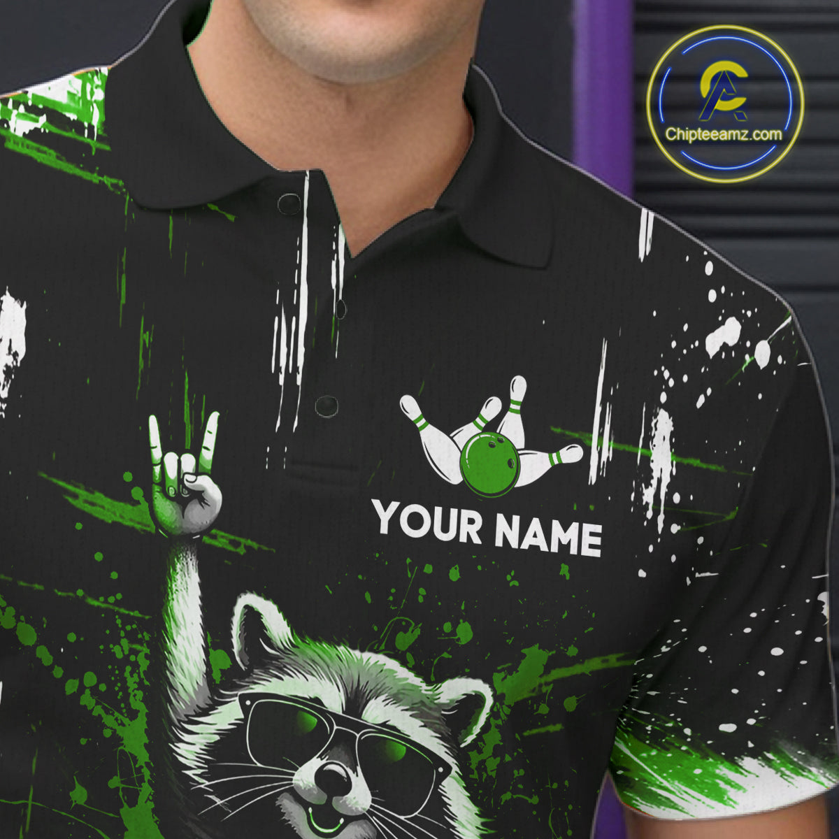 Custom Green Funny Raccoon Bowling Shirt for Men Bowling Jersey Polo & 1/4-Zip Bowling Outfit QZT892