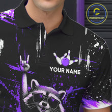 Load image into Gallery viewer, Custom Purple Funny Raccoon Bowling Shirt for Men Bowling Jersey Polo &amp; 1/4-Zip Bowling Outfit QZT892