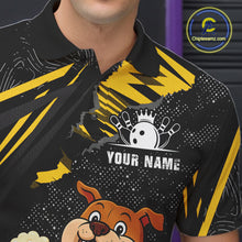 Load image into Gallery viewer, Close-up front view of custom black yellow bulldog bowling polo shirt showing Your Name, playful cartoon bulldog graphic and yellow paint splash pattern