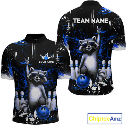 Custom Blue Funny Raccoon Bowling Shirt for Men Bowling Jersey Polo & 1/4-Zip Bowling Outfit QZT892