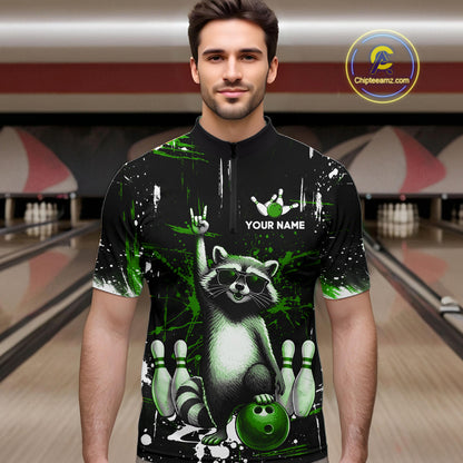 Custom Green Funny Raccoon Bowling Shirt for Men Bowling Jersey Polo & 1/4-Zip Bowling Outfit QZT892