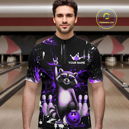 Custom Purple Funny Raccoon Bowling Shirt for Men Bowling Jersey Polo & 1/4-Zip Bowling Outfit QZT892