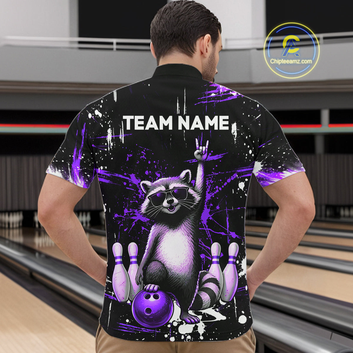 Custom Purple Funny Raccoon Bowling Shirt for Men Bowling Jersey Polo & 1/4-Zip Bowling Outfit QZT892