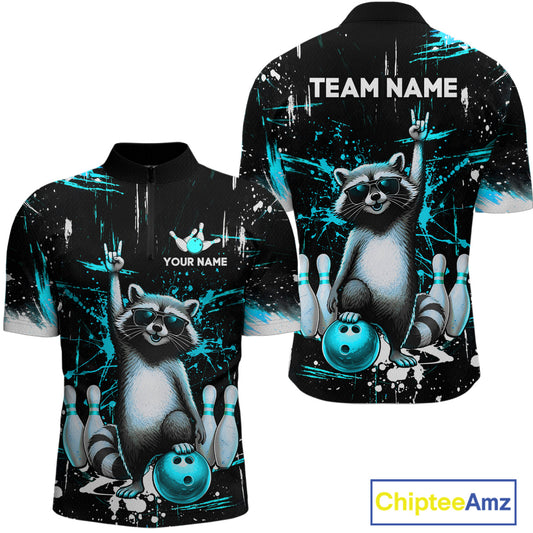 Custom Turquoise Funny Raccoon Bowling Shirt for Men Bowling Jersey Polo & 1/4-Zip Bowling Outfit QZT892