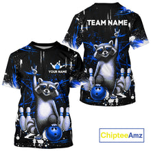 Load image into Gallery viewer, Black and blue t-shirt with raccoon design and customizable text, featuring the brand 'ChipteeAmz'.