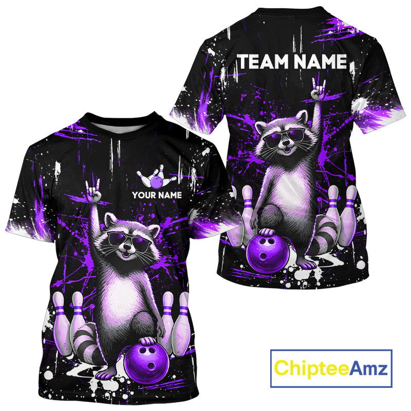 Black and purple t-shirt with purple raccoon design and customizable text, featuring the brand 'ChipteeAmz'.