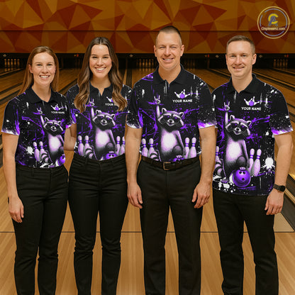 Custom Purple Funny Raccoon Bowling Shirt for Men Bowling Jersey Polo & 1/4-Zip Bowling Outfit QZT892