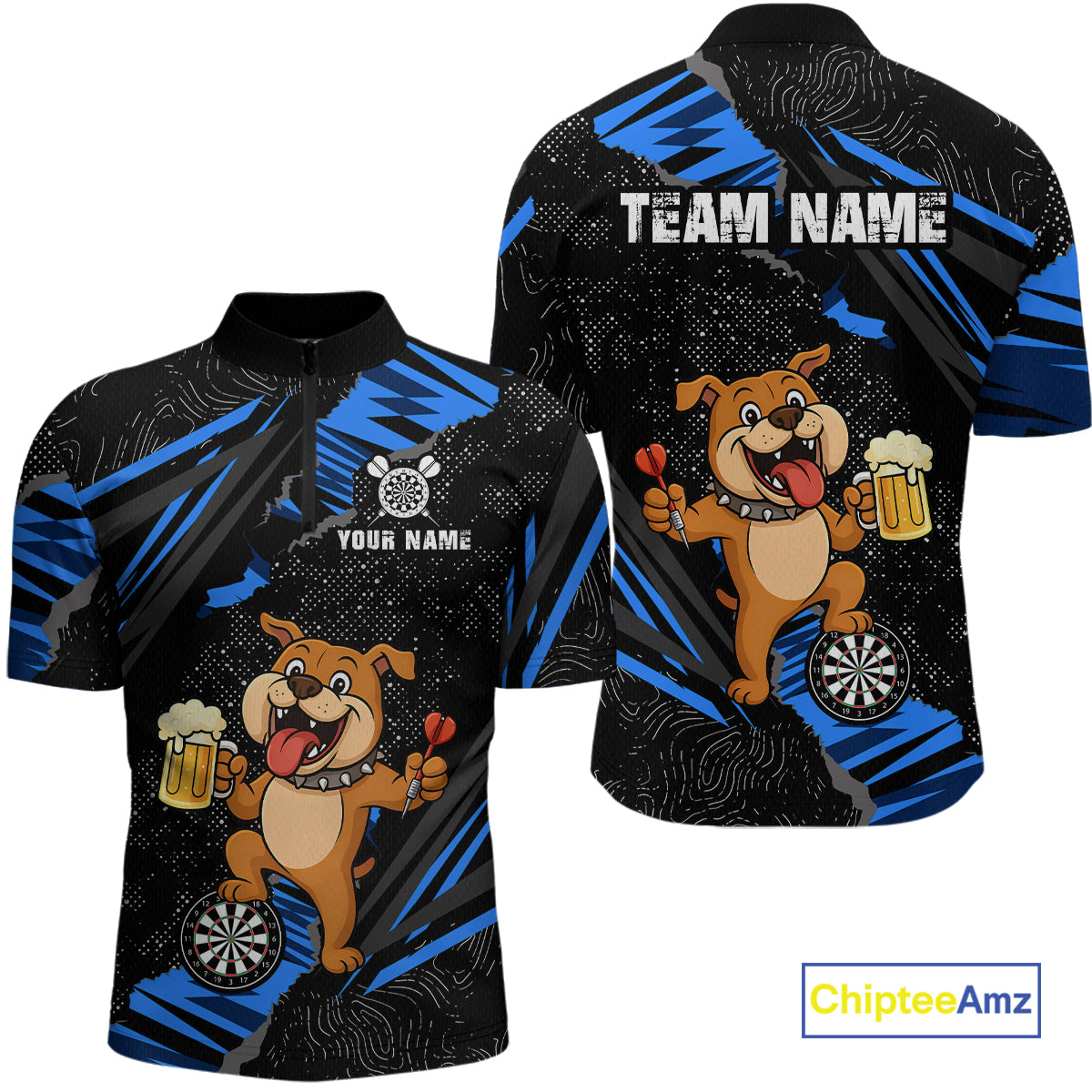 Blue Funny Bulldog Dart Team Shirt for Men Custom Dart Jersey Dartboard Shirt DHT28