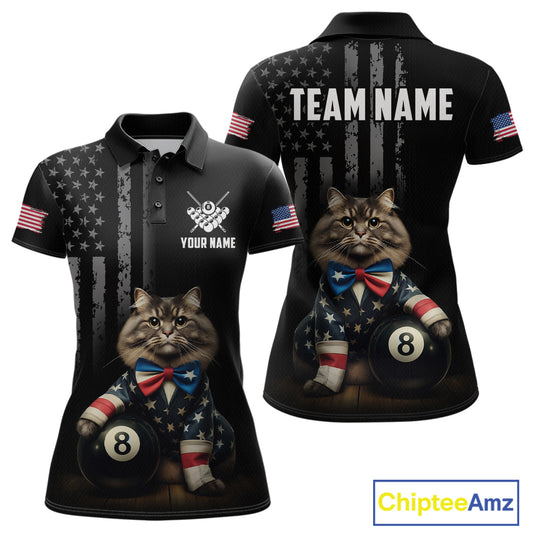 Custom American Flag Funny Cat Billiard Shirt for Women 8 Ball Pool Shirt Polo & 1/4 Zip Billiard Jersey BHT20