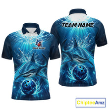 Load image into Gallery viewer, Blue polo shirt with shark design and customizable text on a white background