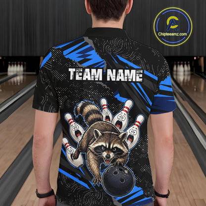 Personalized Blue Raccoon Bowling Shirt for Men Bowling Jersey League Polo & 1/4-Zip Outfit QZT1014