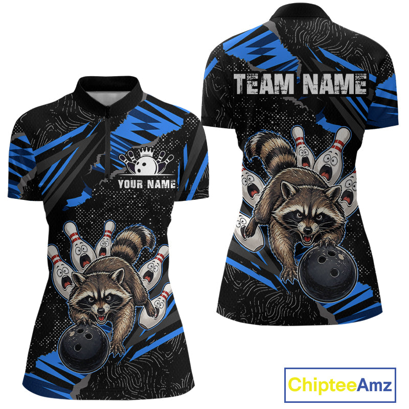 Personalized Blue Raccoon Bowling Shirt for Women Bowling Jersey League Polo & 1/4-Zip Outfit QZT1014